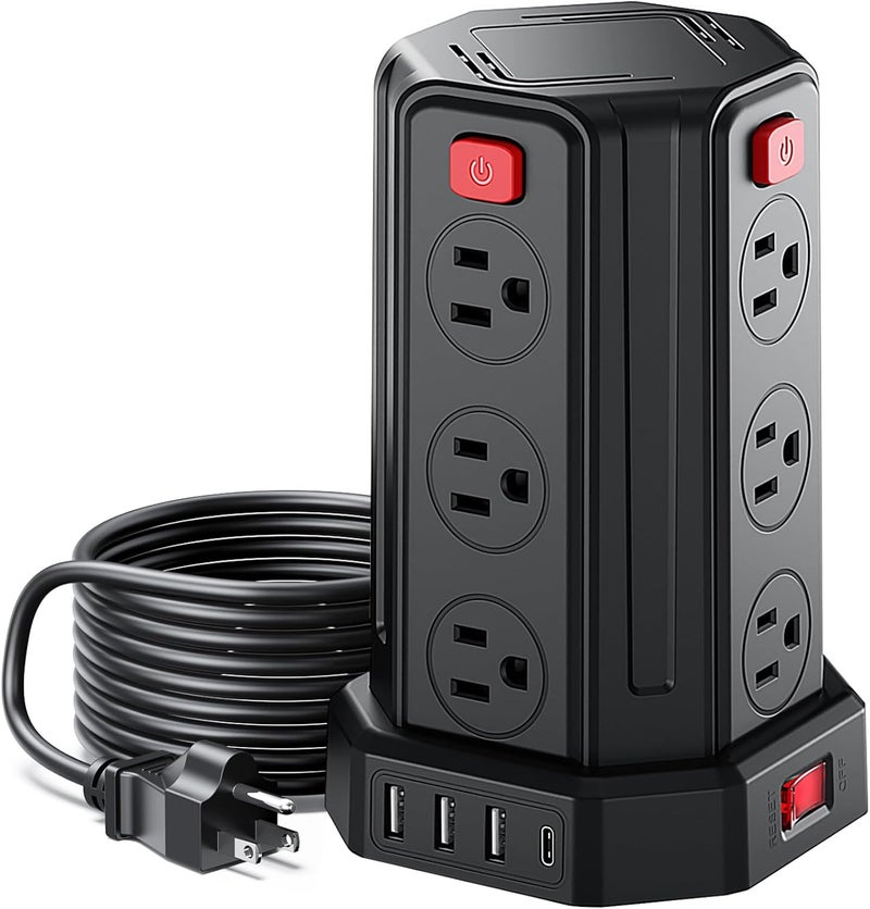 SMALLRT Power Strip Surge Protector, 6.5 Ft Extension Cord with 12 AC Multiple Outlets 4 USB (1 USB C), Power Tower Desktop Charging Station (Black, 6.5 Ft) - Image 1
